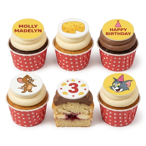 Tom and Jerry themed birthday cupcakes with character toppers, cheese designs, and custom age/name examples.