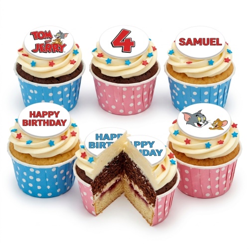 Tom and Jerry themed cupcakes with custom age topper and personalised name example