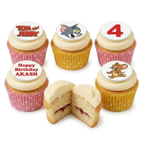 Tom and Jerry themed cupcakes with character toppers, custom age number, and personalised message example.