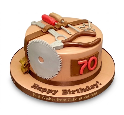 Round peach cake with edible tools, nails, brown tool belt design, and a custom age topper.