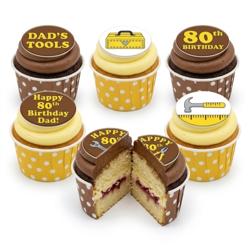 Cupcakes with tool-themed edible toppers, including a toolbox, hammer, spanner, and pliers, on brown and yellow frosting.