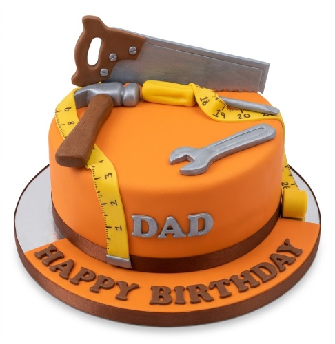 Round orange cake with edible saw, hammer, screwdriver, wrench, and measuring tape decorations.