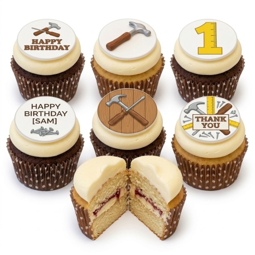 A selection of chocolate and vanilla cupcakes with light icing and edible toppers featuring various tools like hammers, screwdrivers, and nails, along with a custom age topper and birthday messages.