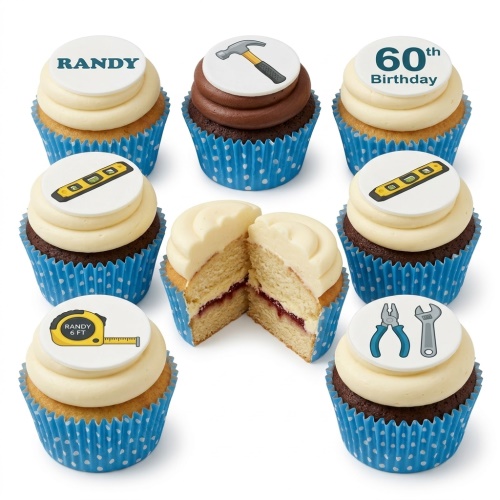 Selection of tools theme birthday cupcakes with edible toppers featuring a hammer, spirit level, tape measure, pliers, and wrench.