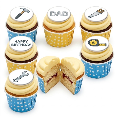Set of six birthday cupcakes with tool-themed edible toppers including a hammer, saw, wrench, and tape measure, in yellow and blue polka dot cases.