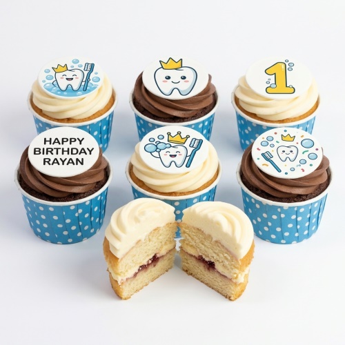 Assortment of vanilla and chocolate cupcakes with cute tooth character toppers, some with custom age and personalised birthday message.