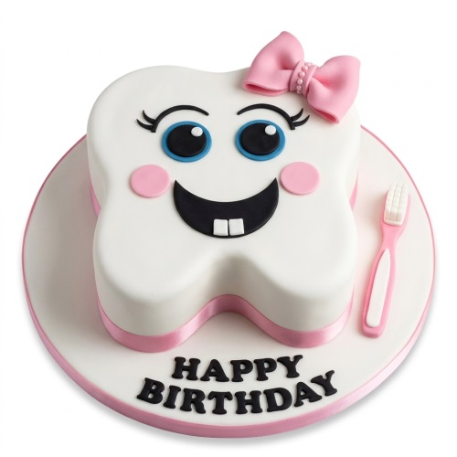 White tooth-shaped birthday cake with a cute face, pink bow, and a small pink toothbrush on the board.