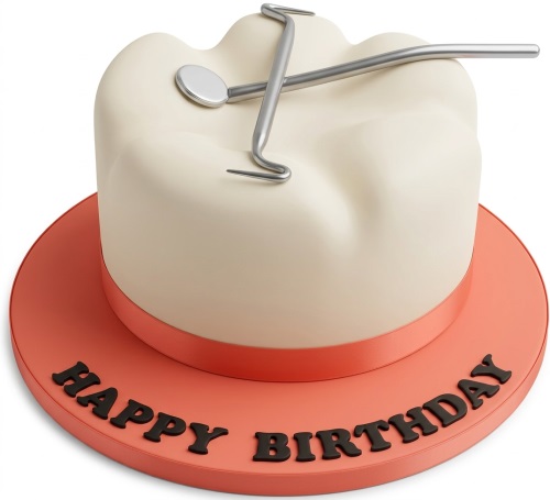 Cream tooth-shaped birthday cake with silver dental tools and a coral base with 'Happy Birthday' message.