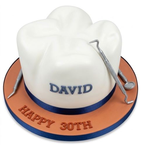 3D molar tooth shaped birthday cake with edible dental tools, personalised name and custom age.
