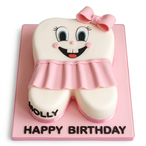 White tooth-shaped birthday cake with a smiling face, pink bow, pink skirt, and a custom message board.