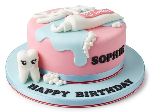Pink and blue dental theme birthday cake with a cute tooth character, toothpaste tube, and custom age banner.