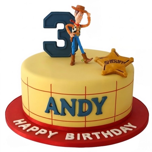Round yellow Toy Story Woody birthday cake with sheriff star and custom age topper.