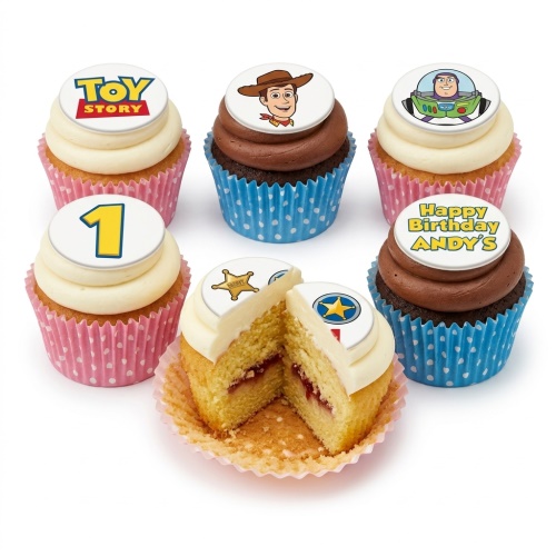 Toy Story themed cupcakes with Woody, Buzz Lightyear, and custom age toppers