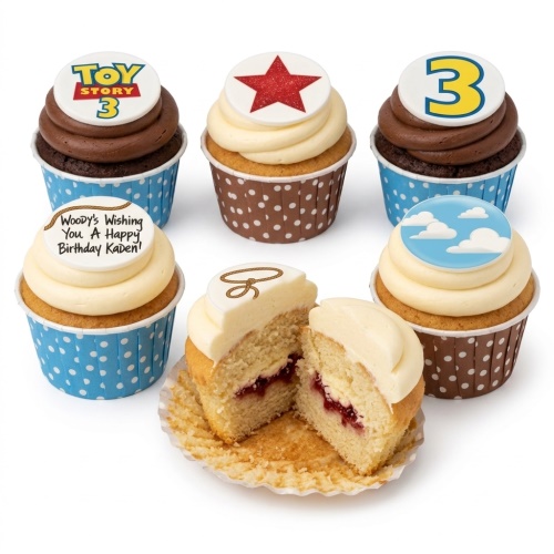 A set of Toy Story themed cupcakes with chocolate and vanilla sponges, featuring Woody's star, lasso, clouds, and custom age topper.