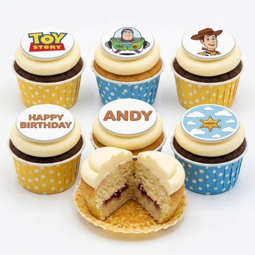 Toy Story themed birthday cupcakes with Buzz Lightyear, Woody, and Sheriff star toppers, in yellow and blue polka dot cases.