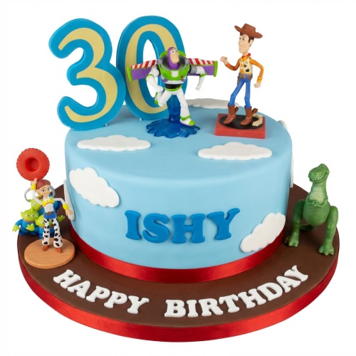 Round blue Toy Story birthday cake with Buzz Lightyear, Woody, Jessie, Rex, Aliens figures, custom age topper, and personalised name.