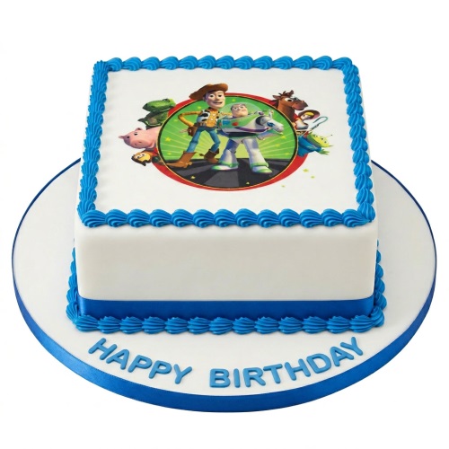 Toy Story themed square birthday cake with Woody, Buzz Lightyear edible image and blue piping on a white cake.