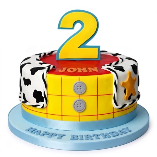 Woody Toy Story theme birthday cake with yellow shirt, cow print vest, sheriff star, and custom age topper.