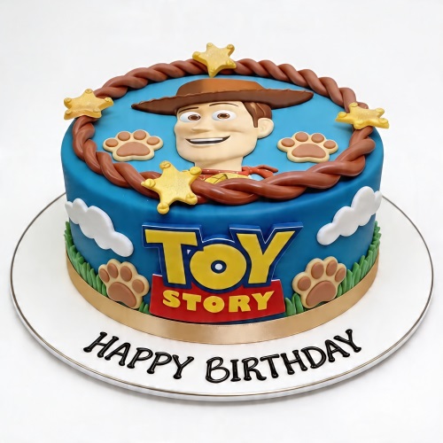 Round blue Toy Story Woody birthday cake with sheriff stars and paw prints.