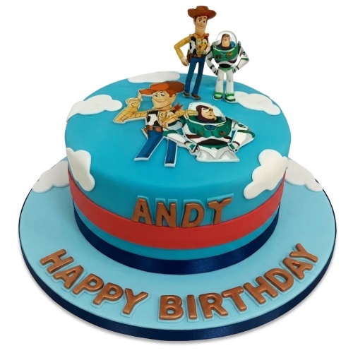 Round blue Toy Story birthday cake with Woody and Buzz Lightyear figures and clouds.
