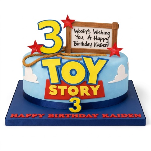 Round Toy Story themed birthday cake with custom age topper, clouds, rope, red stars, and a personalised message board.