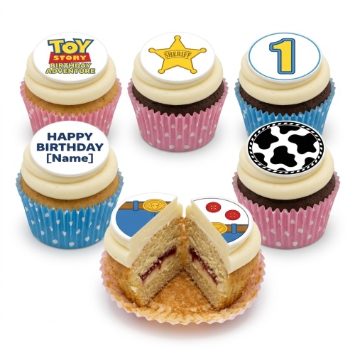 Toy Story themed cupcakes with sheriff star, cow print, and custom age/name options.