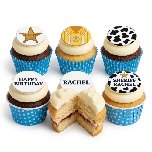 Cowboy theme cupcakes with sheriff badge, cow print, and Woody's shirt designs.