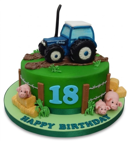 Blue tractor farm birthday cake with pigs, hay bales, and a fence on a green base.