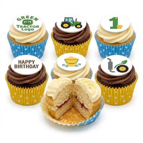 A selection of tractor themed birthday cupcakes with green tractor designs, a custom age topper, and 'Happy Birthday' message.