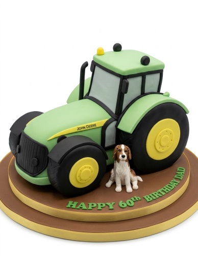 Green John Deere tractor cake with a dog figurine and custom message on a brown base.
