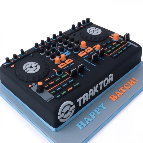 Black DJ mixer birthday cake with orange and blue details, featuring "TRAKTOR" branding.