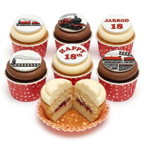 Cupcakes with red and black train toppers, some with custom age, on vanilla and chocolate frosting.