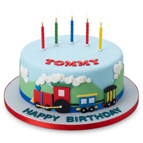 Round blue and green train theme birthday cake with 3D train, clouds, and spiral candles.