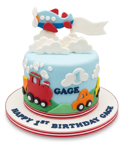 Light blue 1st birthday cake for boys with airplane, train, car, and clouds decorations.