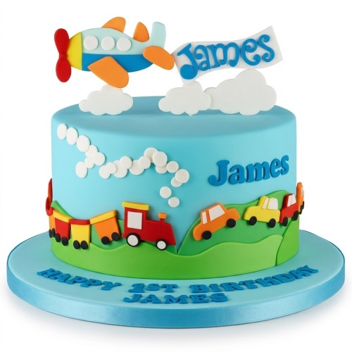 Blue round cake with an aeroplane, train, and cars, featuring a custom name banner and age message.
