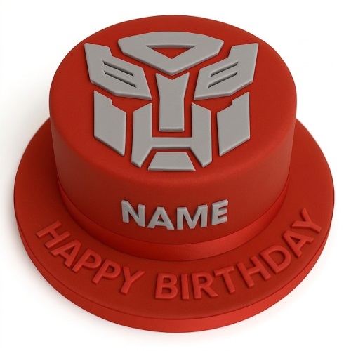 Red round single-tier cake with grey Autobot logo, custom name, and 'Happy Birthday' message.