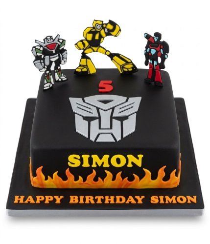 Black square Transformers birthday cake with Autobot logo, characters, flames, and custom age.