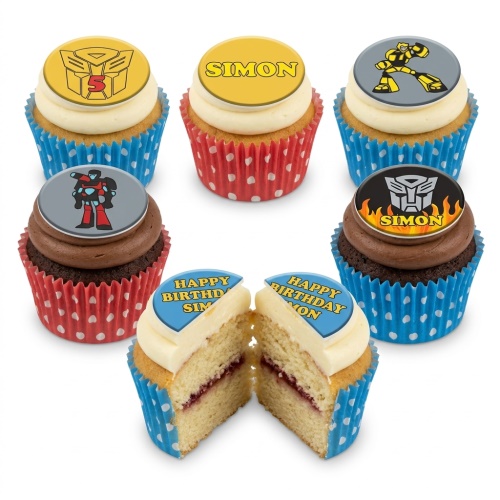 Transformers themed cupcakes with Autobot and Decepticon logos, custom age '5' and personalised name 'Simon' toppers.