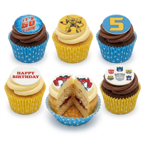 Transformers themed cupcakes with Bumblebee, Optimus Prime, Autobot logo, 'It's Go Time', 'Happy Birthday', and custom age '5' toppers.