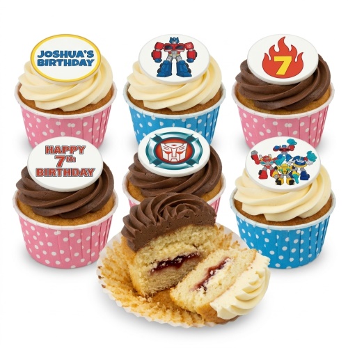 A selection of Transformers themed cupcakes with various Autobot toppers, including Optimus Prime and the Autobot logo, with custom age and name examples.