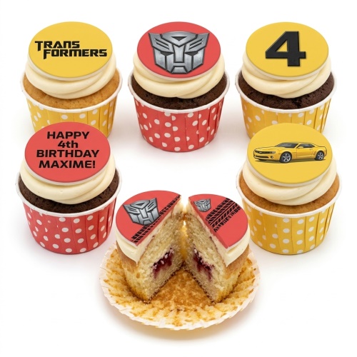 Transformers themed cupcakes with Autobot logo, custom age topper, and yellow car design.