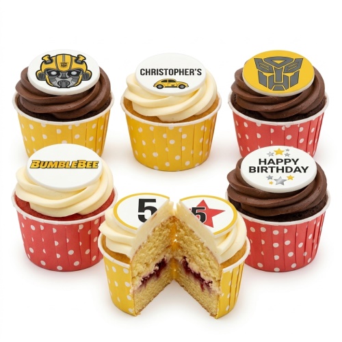Bumblebee Transformers themed birthday cupcakes with character toppers and custom age.