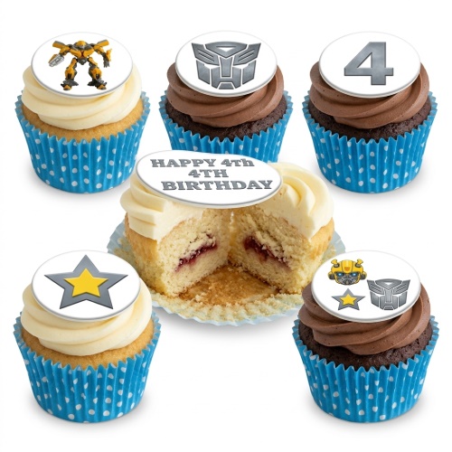 Transformers themed cupcakes with Bumblebee, Autobot logo, and star toppers, suitable for a custom age birthday.