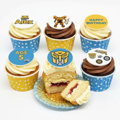 Bumblebee Transformers themed cupcakes with custom age and personalised name toppers.