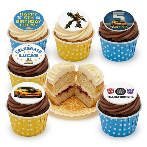 Cupcakes with Transformers theme toppers, including Bumblebee, car, and custom age/name examples.