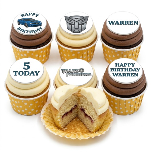 Transformers themed birthday cupcakes with car, Autobot logo, and custom age and name toppers.