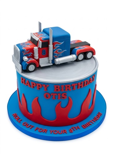 Blue and red Optimus Prime truck birthday cake with flame details and custom age.