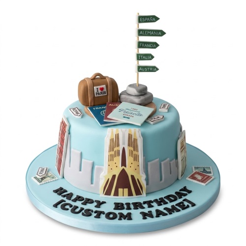 Light blue travel theme birthday cake with suitcase, passports, European signpost, and city skyline.