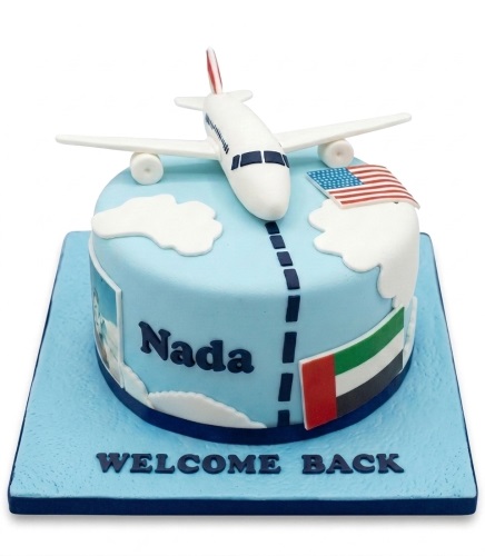 Round light blue cake with a white airplane topper, white clouds, a dashed line, and two flags, on a light blue board with a message.