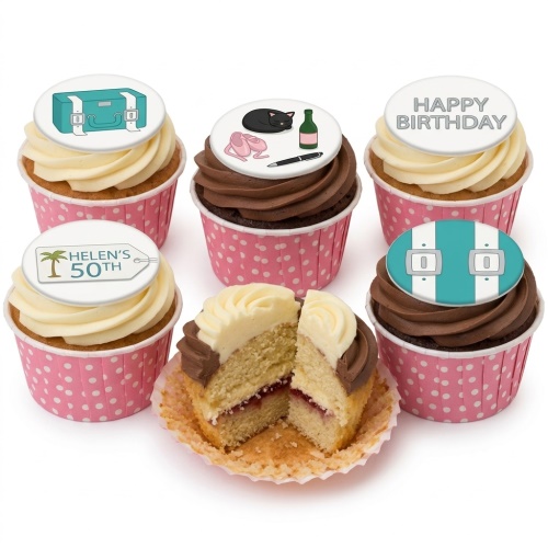Cupcakes with white and chocolate frosting, pink wrappers, and toppers featuring travel, cat, ballet, celebration, and custom age.